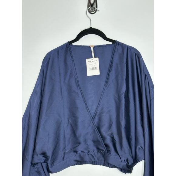 NWT Free People Womens Midnight Vibes Blouse XS Satiny Cropped‎ Boho Indigo Blue - Picture 5 of 16